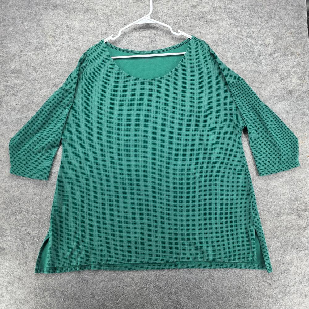 Lands End Tunic Shirt Womens 1X Green Black Dot 3/4 Sleeve Stretch Casual